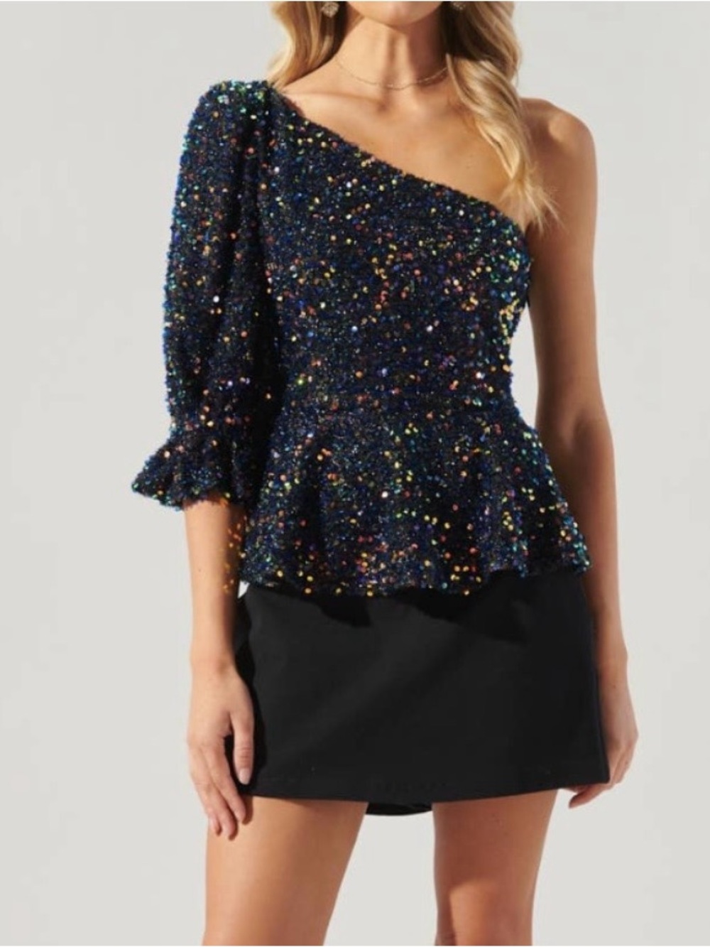 One-Shoulder Sequin Peplum Top in Navy with Multicolor Sparkle (SKU791)
